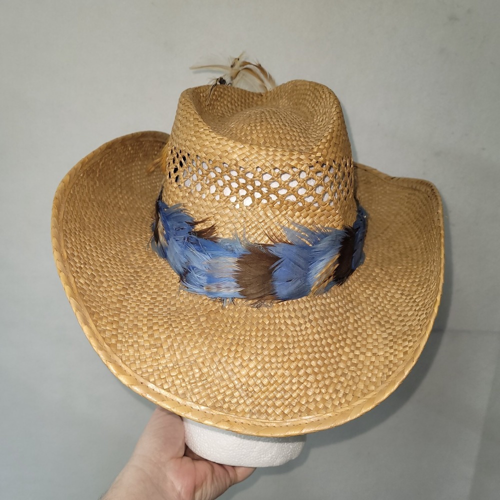 Longhorn‎ Head Huggers Straw Hat Mens M Cowboy Western Feather Rodeo Rancher - Picture 3 of 13